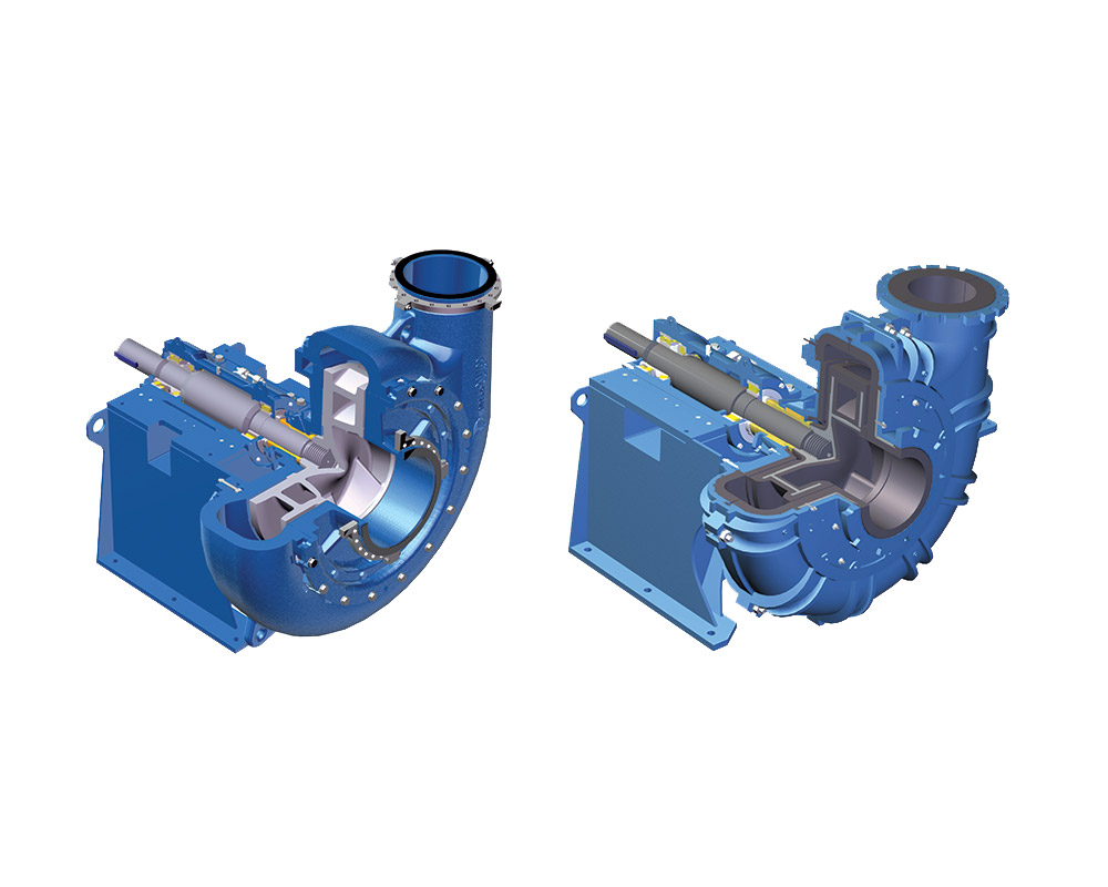 X Series slurry pumps are available as metal lined or rubber lined versions.